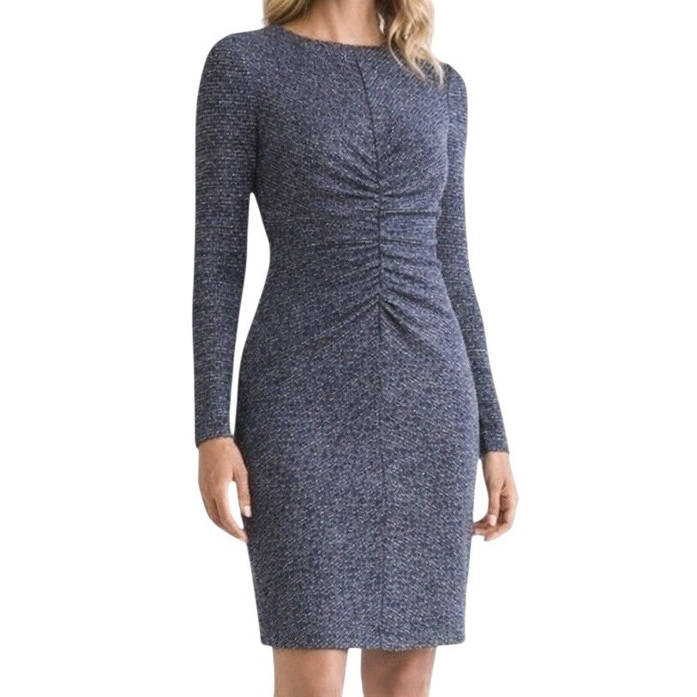 NWT Vince Camuto Metallic Knit Long Sleeve Ruched Sheath Dress Size 10 Navy Blue